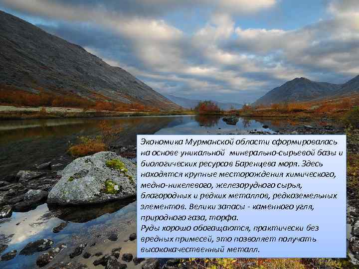 Экономика Мурманской области сформировалась на основе уникальной минерально-сырьевой базы и биологических ресурсов Баренцева моря.