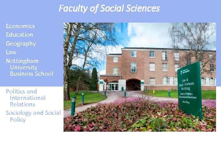 Faculty of Social Sciences Economics Education Geography Law Nottingham University Business School Politics and