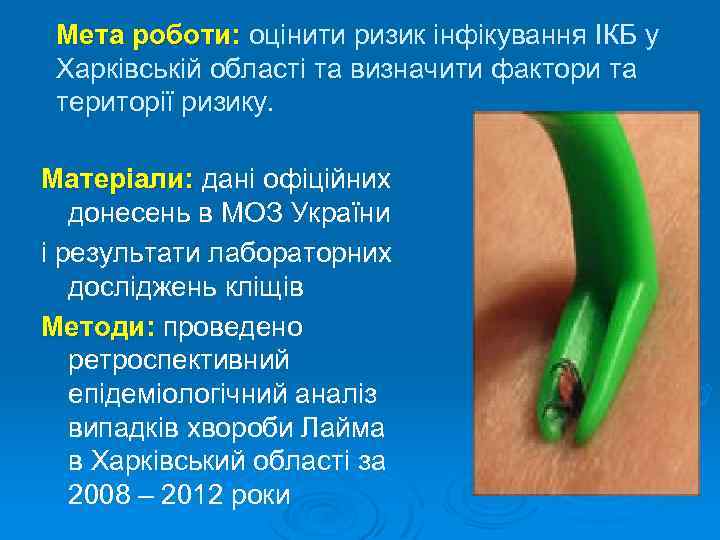 Мета роботи: оцінити ризик інфікування ІКБ у Харківській області та визначити фактори та території