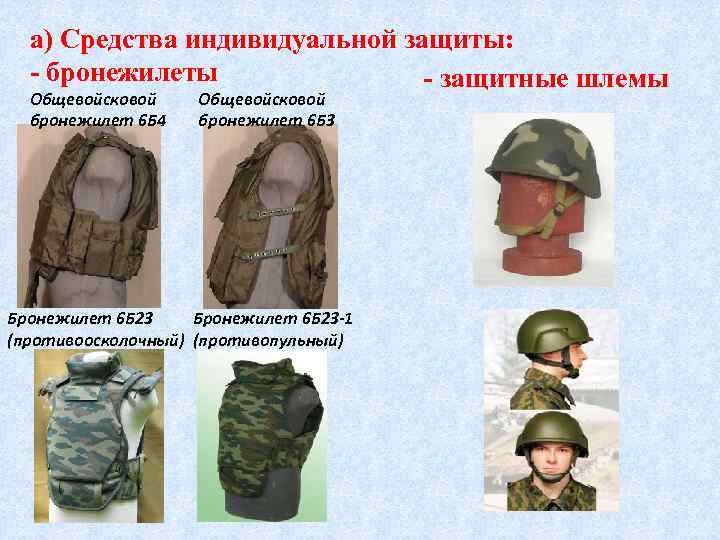 а) Средства индивидуальной защиты: - бронежилеты - защитные шлемы Общевойсковой бронежилет 6 Б 4