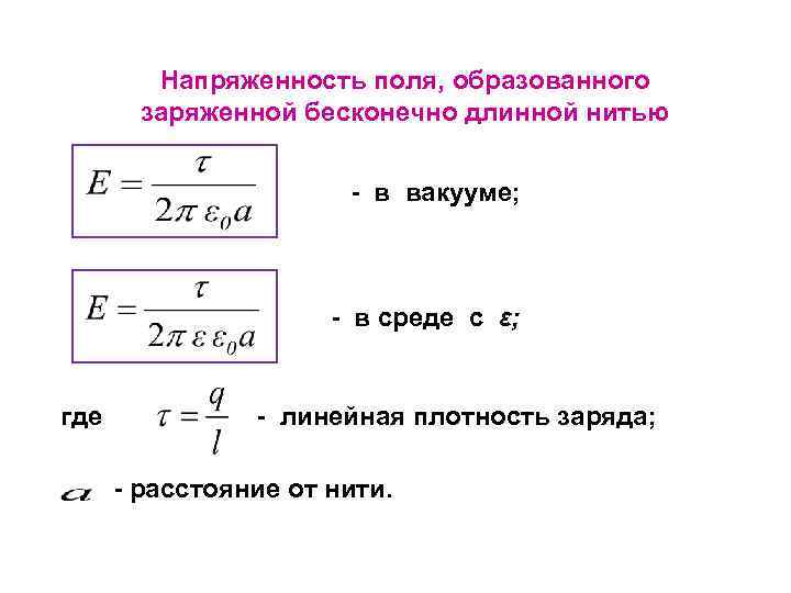 Напряженность поля, образованного заряженной бесконечно длинной нитью - в вакууме; - в среде с