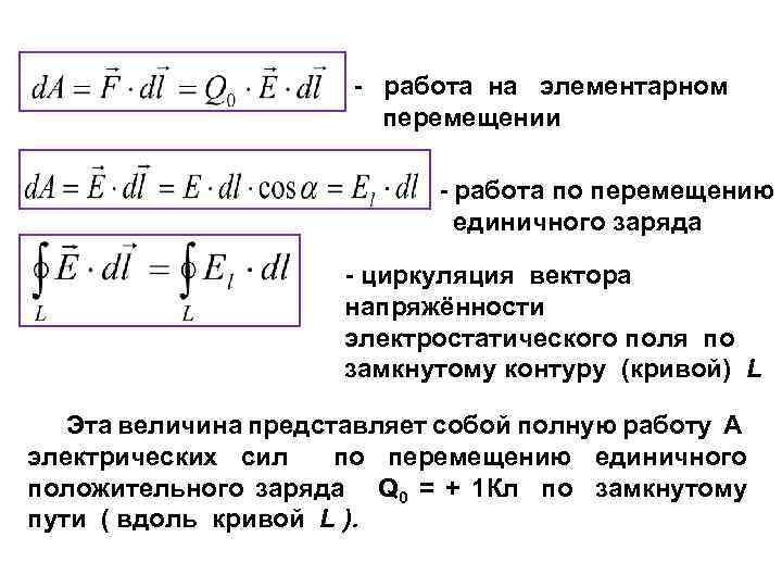 - работа на элементарном перемещении - работа по перемещению единичного заряда - циркуляция вектора