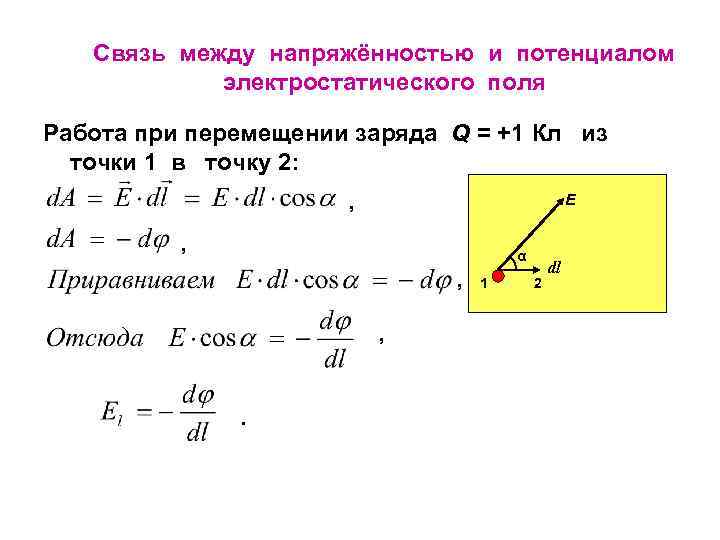 Связь между напряжённостью и потенциалом электростатического поля Работа при перемещении заряда Q = +1