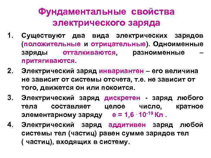 Фундаментальные свойства электрического заряда 1. 2. 3. 4. Существуют два вида электрических зарядов (положительные