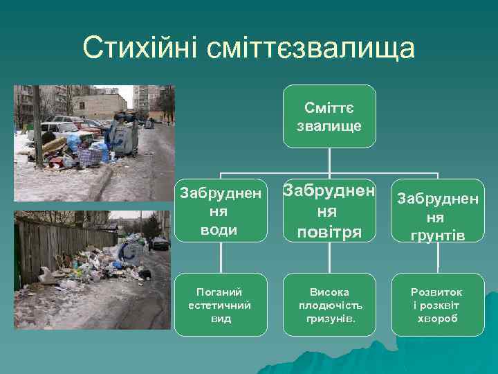 Стихійні сміттєзвалища Сміттє звалище Забруднен ня води Забруднен ня повітря Забруднен ня грунтів Поганий