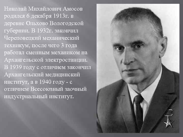 Николай Михайлович Амосов родился 6 декабря 1913 г. в деревне Ольхово Вологодской губернии. В