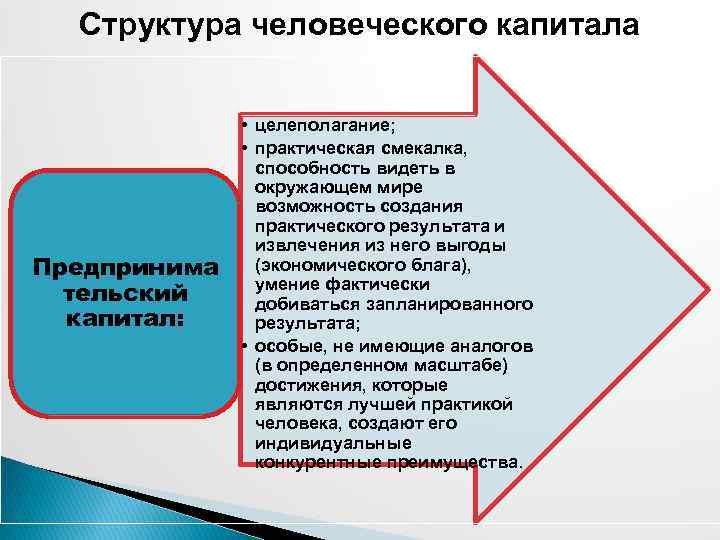 Структура человеческого капитала Предпринима тельский капитал: • целеполагание; • практическая смекалка, способность видеть в