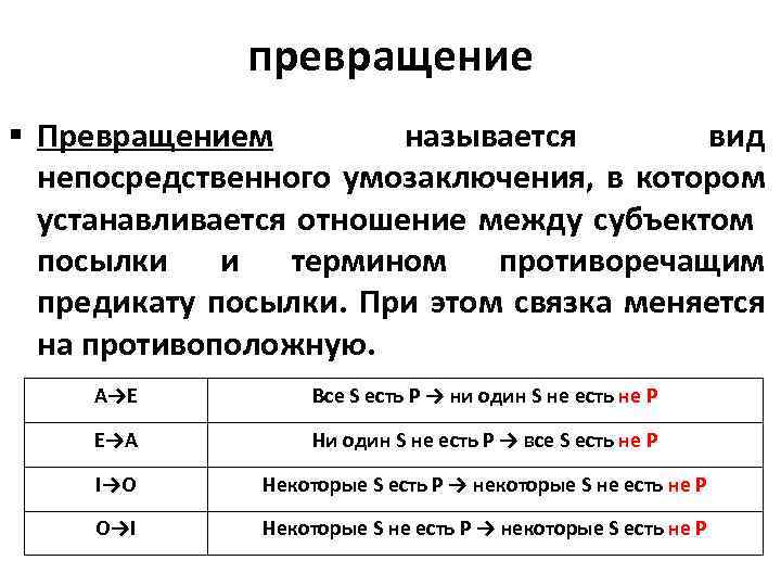 Операция обращения. Превращение в логике примеры. Превращение обращение противопоставление предикату. Непосредственные умозаключения превращение.