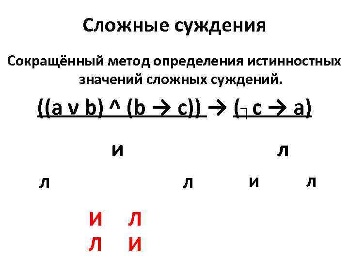 Сложные суждения Сокращённый метод определения истинностных значений сложных суждений. ((a ν b) ^ (b
