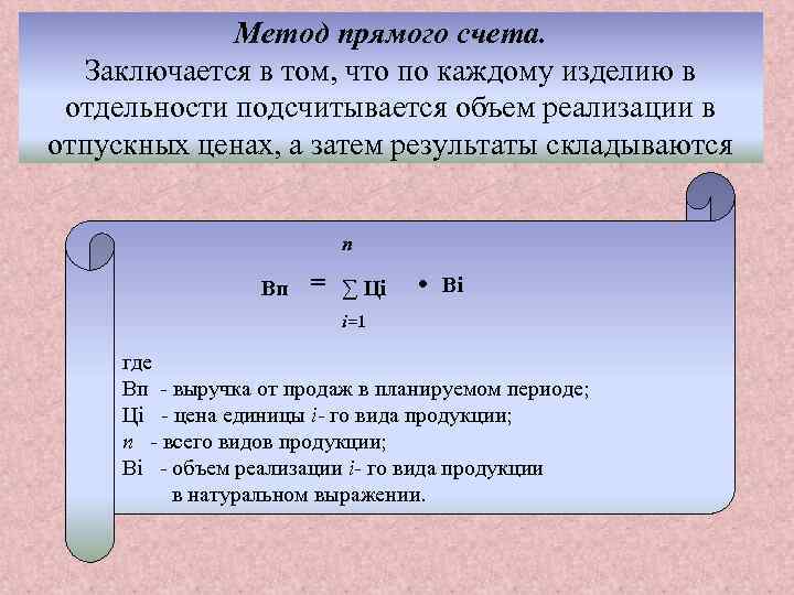 Метод прямого счета. Заключается в том, что по каждому изделию в отдельности подсчитывается объем