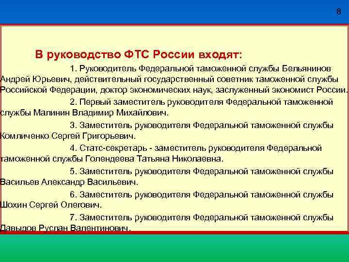 8 В руководство ФТС России входят: 1. Руководитель Федеральной таможенной службы Бельянинов Андрей Юрьевич,