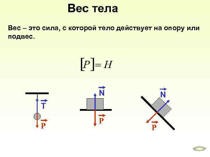 Вес тела Вес – это сила, с которой тело действует на опору или подвес.