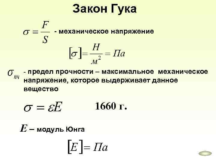 Закон Гука - механическое напряжение - предел прочности – максимальное механическое напряжение, которое выдерживает
