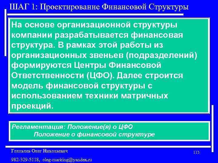 ШАГ 1: Проектирование Финансовой Структуры На основе организационной структуры компании разрабатывается финансовая структура. В