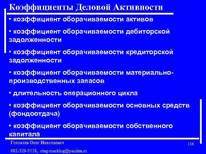 Коэффициенты Деловой Активности • коэффициент оборачиваемости активов • коэффициент оборачиваемости дебиторской задолженности • коэффициент