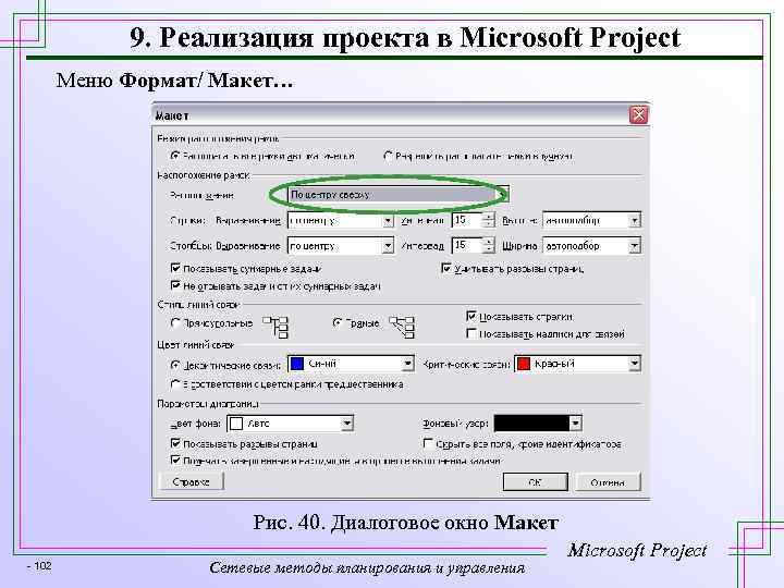 9. Реализация проекта в Microsoft Project Меню Формат/ Макет… Рис. 39. Сетевой график Рис.