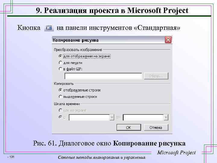 9. Реализация проекта в Microsoft Project Кнопка на панели инструментов «Стандартная» Рис. 61. Диалоговое