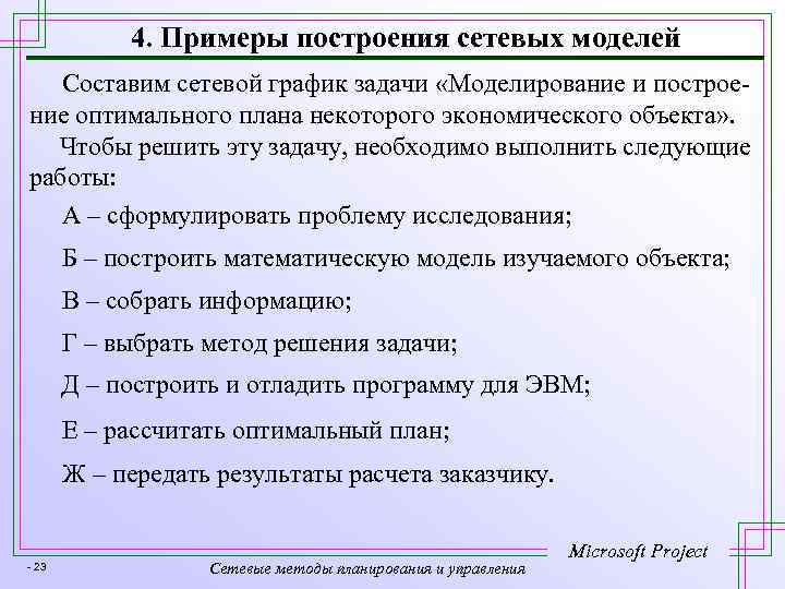 4. Примеры построения сетевых моделей Составим сетевой график задачи «Моделирование и построение оптимального плана