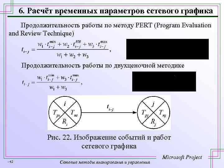 6. Расчёт временных параметров сетевого графика Продолжительность работы по методу PERT (Program Evaluation and