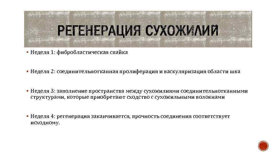 § Неделя 1: фибробластическая спайка § Неделя 2: соединительнотканная пролиферация и васкуляризация области шва