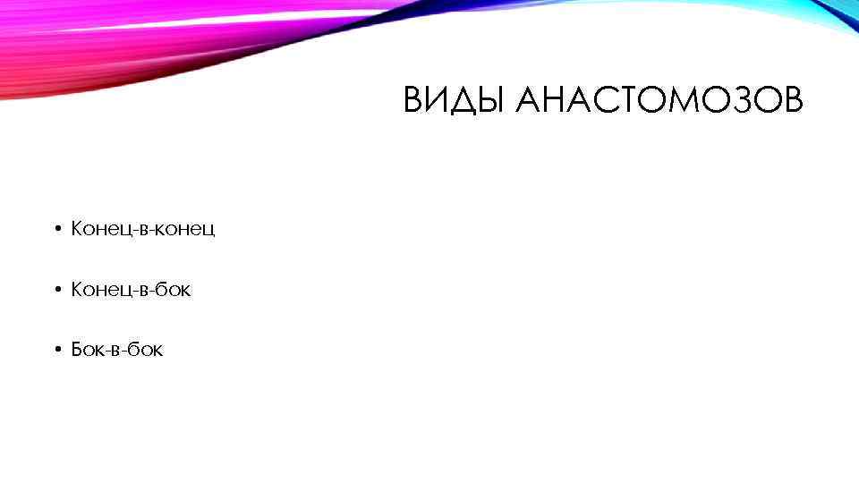 ВИДЫ АНАСТОМОЗОВ • Конец-в-конец • Конец-в-бок • Бок-в-бок 