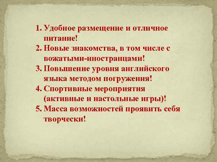 1. Удобное размещение и отличное питание! 2. Новые знакомства, в том числе с вожатыми-иностранцами!
