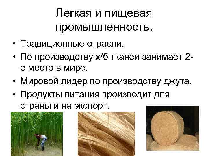 Легкая и пищевая промышленность. • Традиционные отрасли. • По производству х/б тканей занимает 2