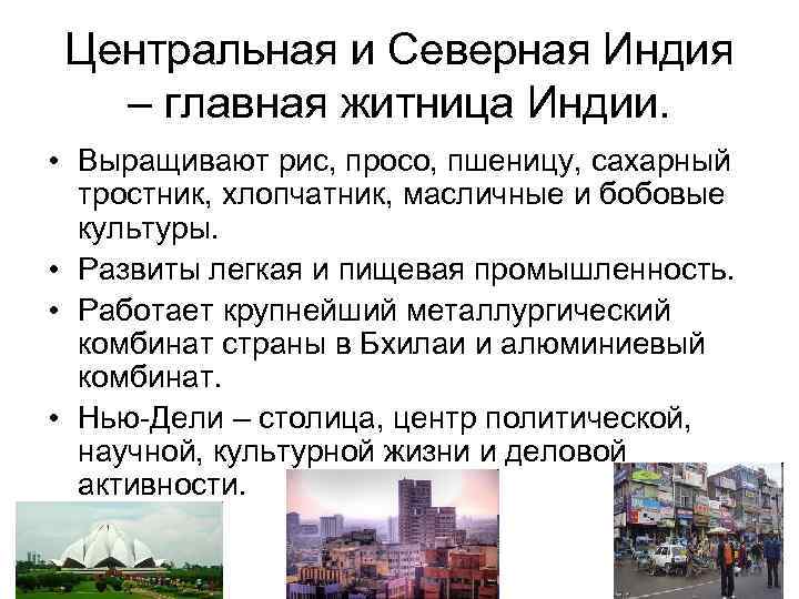 Центральная и Северная Индия – главная житница Индии. • Выращивают рис, просо, пшеницу, сахарный
