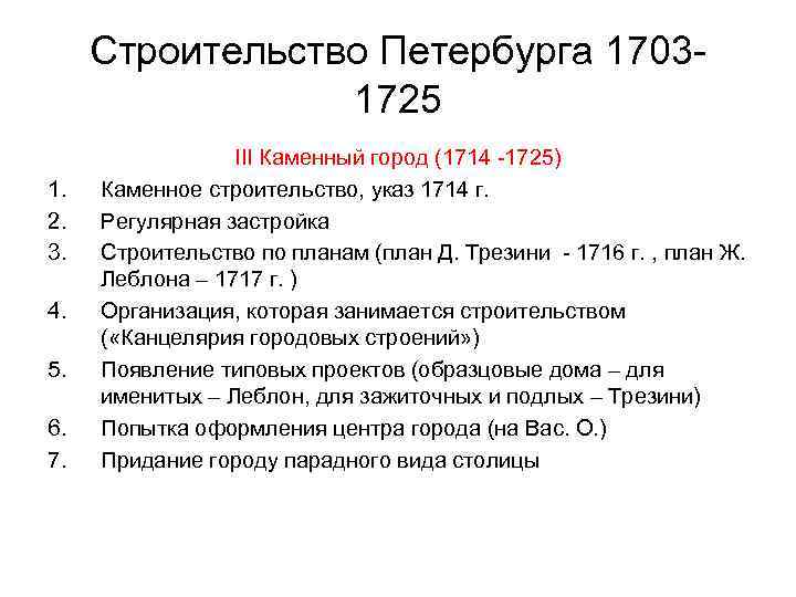 Строительство Петербурга 17031725 1. 2. 3. 4. 5. 6. 7. III Каменный город (1714