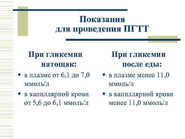 Показания для проведения ПГТТ При гликемии натощак: При гликемии после еды: w в плазме