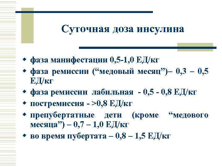 Суточная доза инсулина w фаза манифестации 0, 5 -1, 0 ЕД/кг w фаза ремиссии