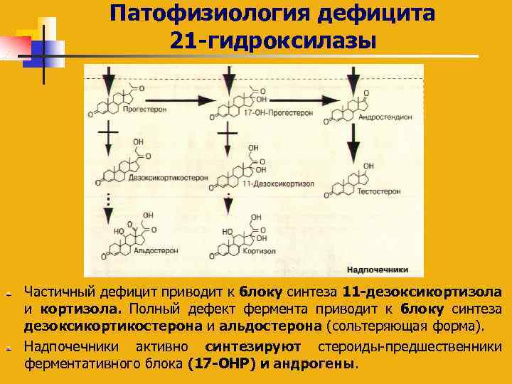 Патофизиология дефицита 21 -гидроксилазы Частичный дефицит приводит к блоку синтеза 11 -дезоксикортизола и кортизола.