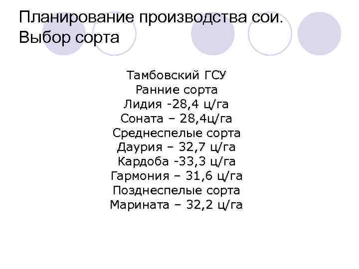 Планирование производства сои. Выбор сорта Тамбовский ГСУ Ранние сорта Лидия -28, 4 ц/га Соната