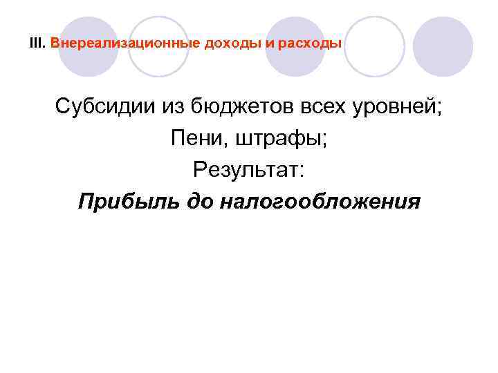 III. Внереализационные доходы и расходы Субсидии из бюджетов всех уровней; Пени, штрафы; Результат: Прибыль