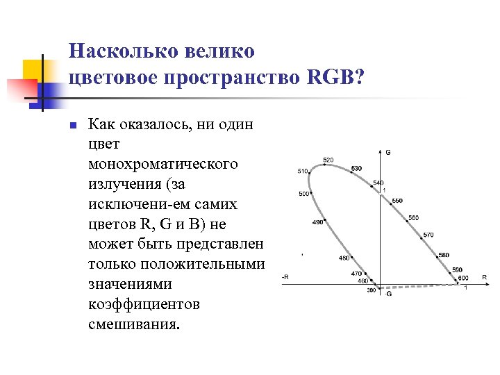 Насколько велико цветовое пространство RGB? n Как оказалось, ни один цвет монохроматического излучения (за