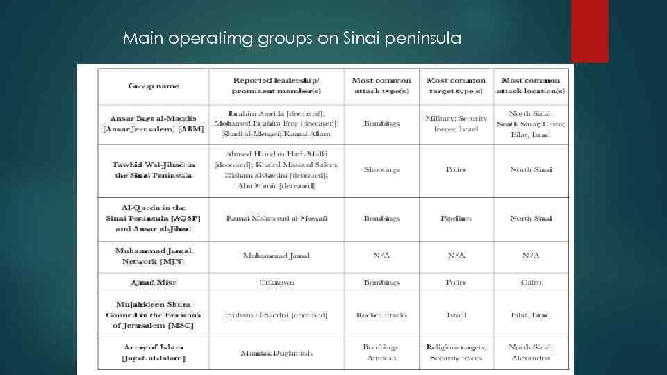 Main operatimg groups on Sinai peninsula 