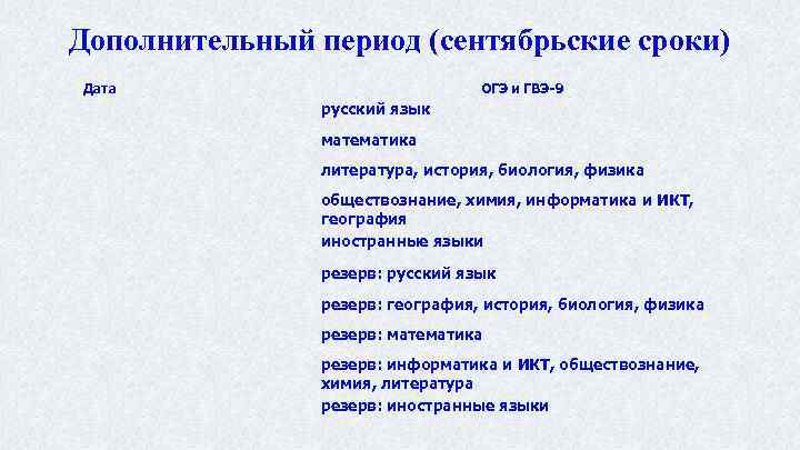 Дополнительный период (сентябрьские сроки) Дата ОГЭ и ГВЭ-9 русский язык математика литература, история, биология,