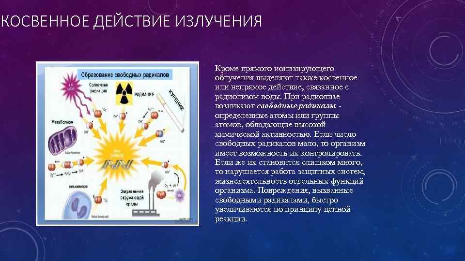 КОСВЕННОЕ ДЕЙСТВИЕ ИЗЛУЧЕНИЯ Кроме прямого ионизирующего облучения выделяют также косвенное или непрямое действие, связанное