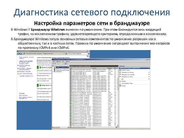 Диагностика сетевого подключения Настройка параметров сети в брандмауэре В Windows 7 Брандмауэр Windows включен