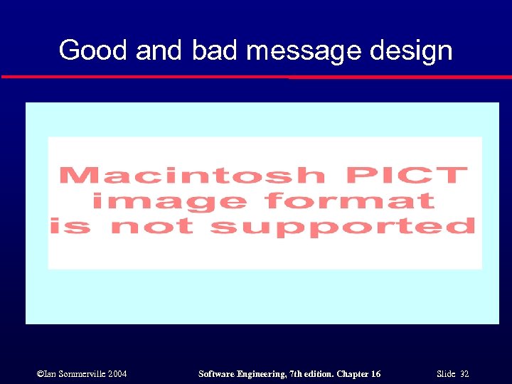 Good and bad message design ©Ian Sommerville 2004 Software Engineering, 7 th edition. Chapter