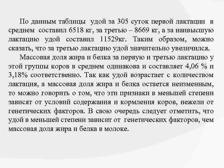 По данным таблицы удой за 305 суток первой лактации в среднем составил 6518 кг,