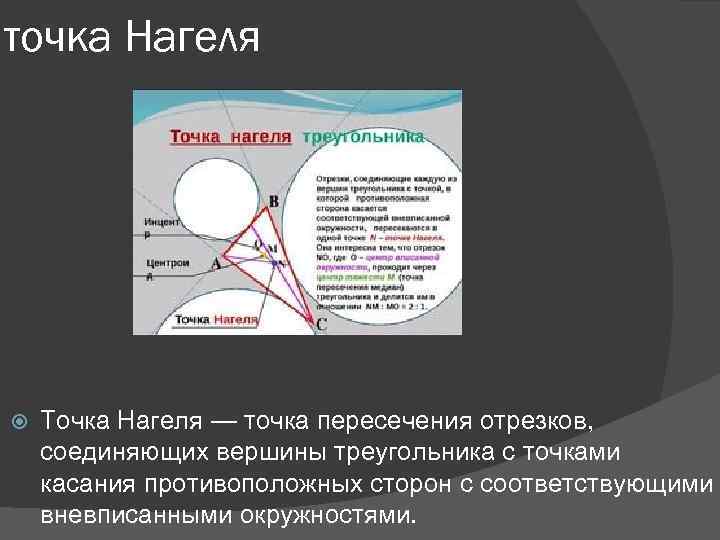 точка Нагеля Точка Нагеля — точка пересечения отрезков, соединяющих вершины треугольника с точками касания
