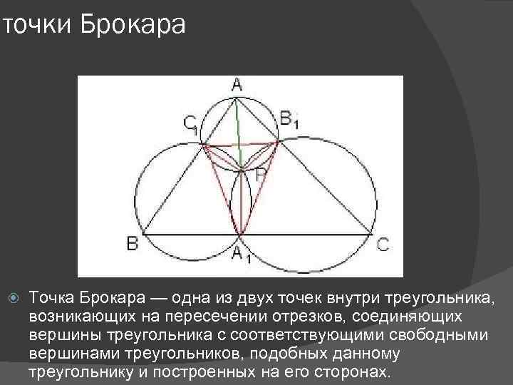 точки Брокара Точка Брокара — одна из двух точек внутри треугольника, возникающих на пересечении