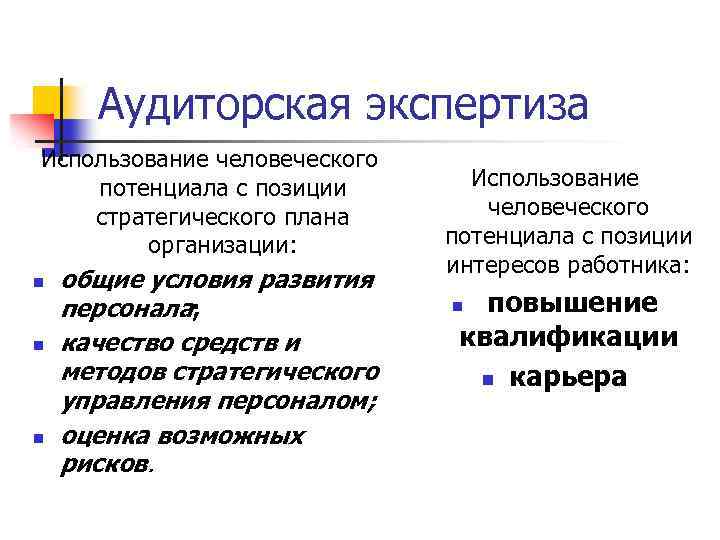 Аудиторская экспертиза Использование человеческого потенциала с позиции стратегического плана организации: n n n общие