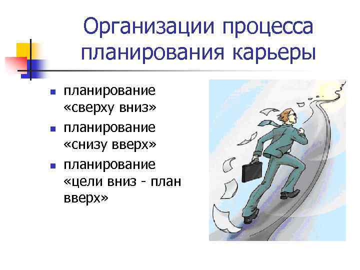Организации процесса планирования карьеры n n n планирование «сверху вниз» планирование «снизу вверх» планирование