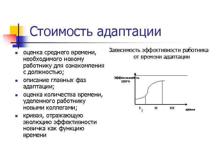 Стоимость адаптации n n Зависимость эффективности работника оценка среднего времени, от времени адаптации необходимого