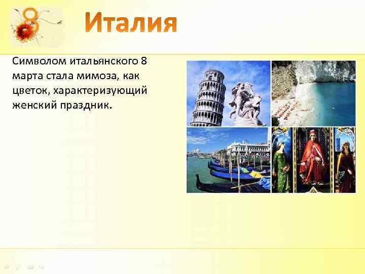 Символом итальянского 8 марта стала мимоза, как цветок, характеризующий женский праздник. 