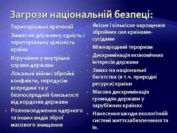 Загрози національній безпеці: Територіальні претензії Замах на державну єдність і територіальну цілісність країни Втручання