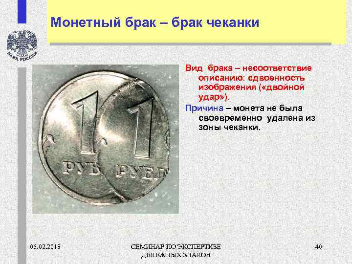 Монетный брак – брак чеканки Вид брака – несоответствие описанию: сдвоенность изображения ( «двойной