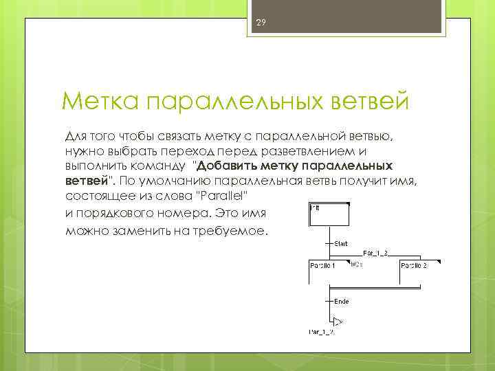 29 Метка параллельных ветвей Для того чтобы связать метку с параллельной ветвью, нужно выбрать